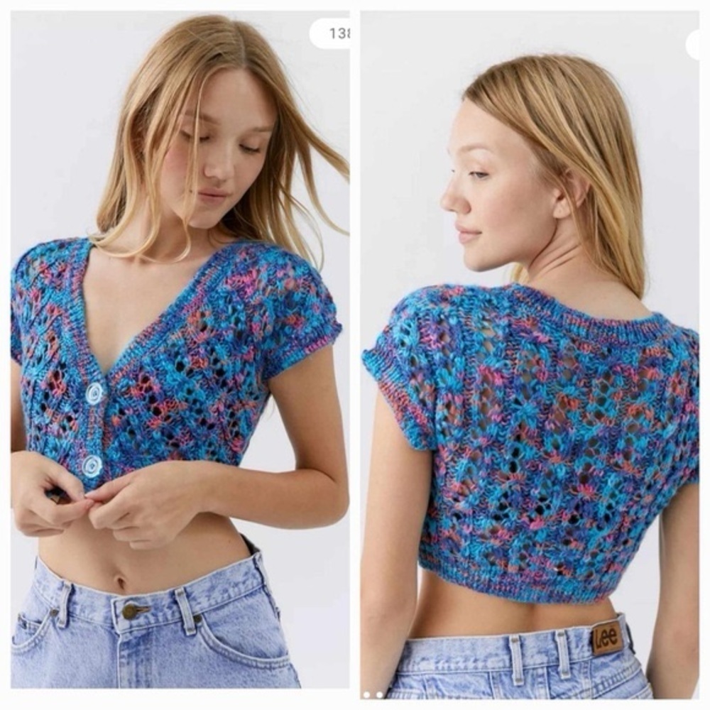 Urban Outfitters Blue Multicolor Cropped V-Neck Button Knit Top